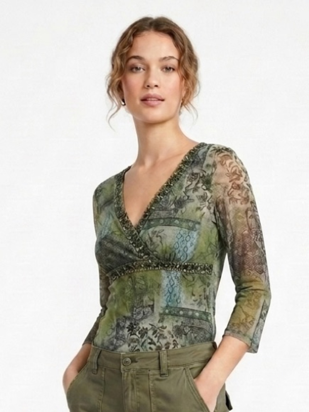 INC INTERNATIONAL CONCEPTS Olive Green Surplice Top PS SP Petite Small EUC $89